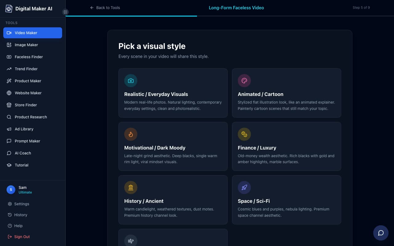 Step 5 of the long form video maker showing visual style cards including Minimalist or Clean highlighted among seven options