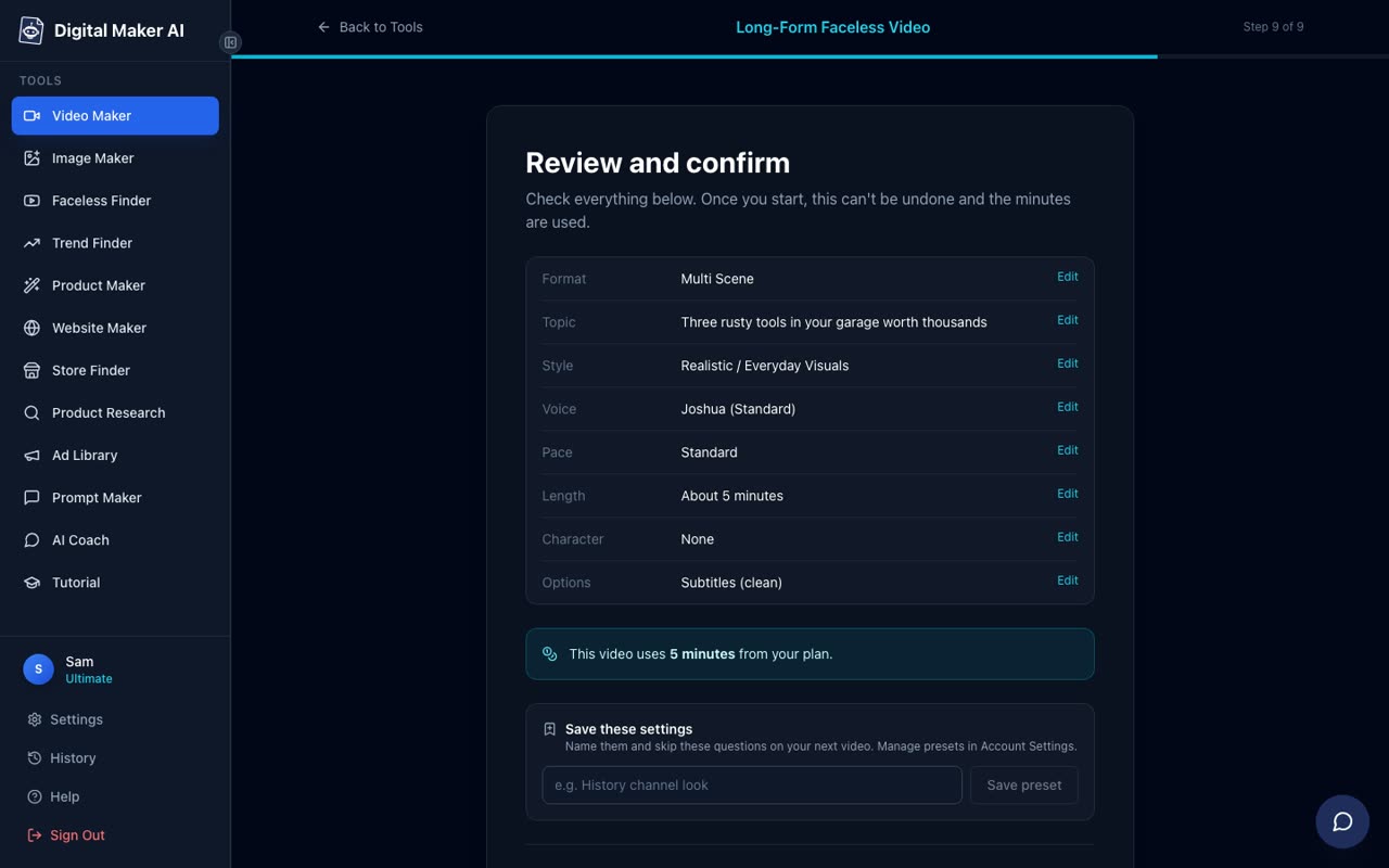 Step 9 of the long form video maker showing a review summary with format, topic, style, voice, pace, length and a Generate Video button