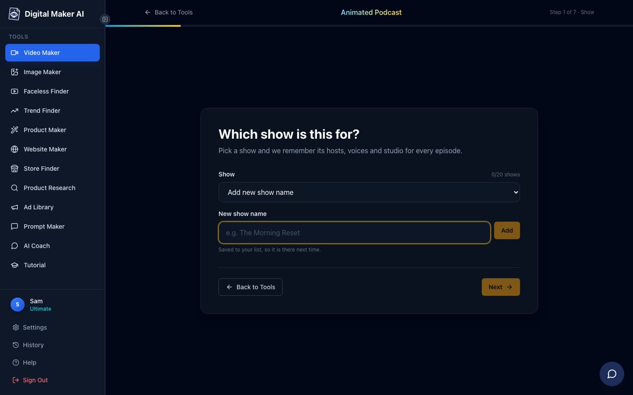 The Animated Podcast maker step 1 screen showing a show dropdown, a new show name field and an Add button