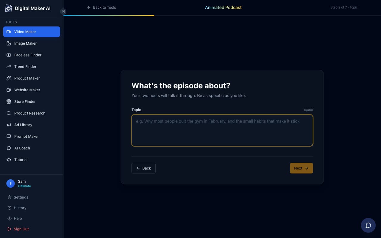 The Animated Podcast maker step 2 screen showing a topic text box with a 400 character limit