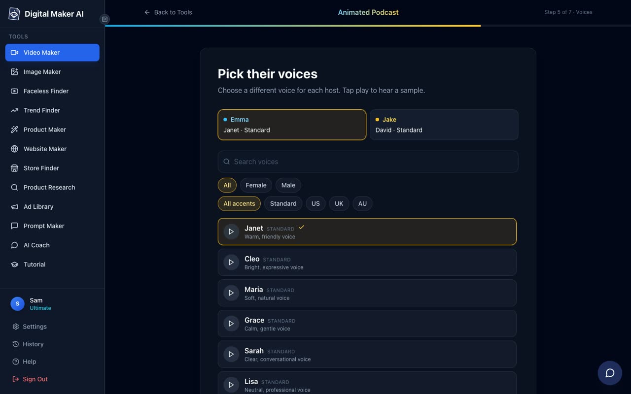 The Animated Podcast maker step 5 screen showing the two hosts at the top with their assigned voices and a list of voice cards below with filter options