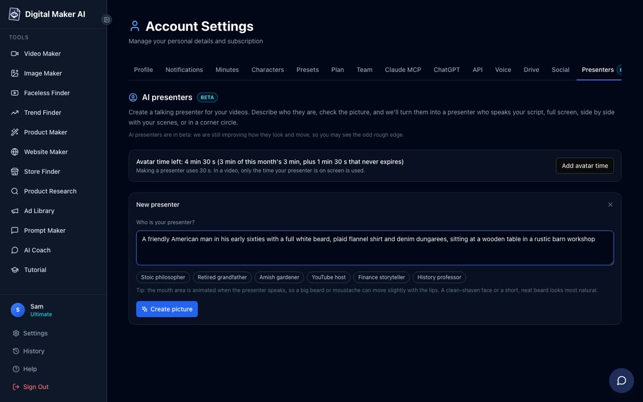 The New presenter form in Account Settings showing a description text box, quick pick options and a Create picture button