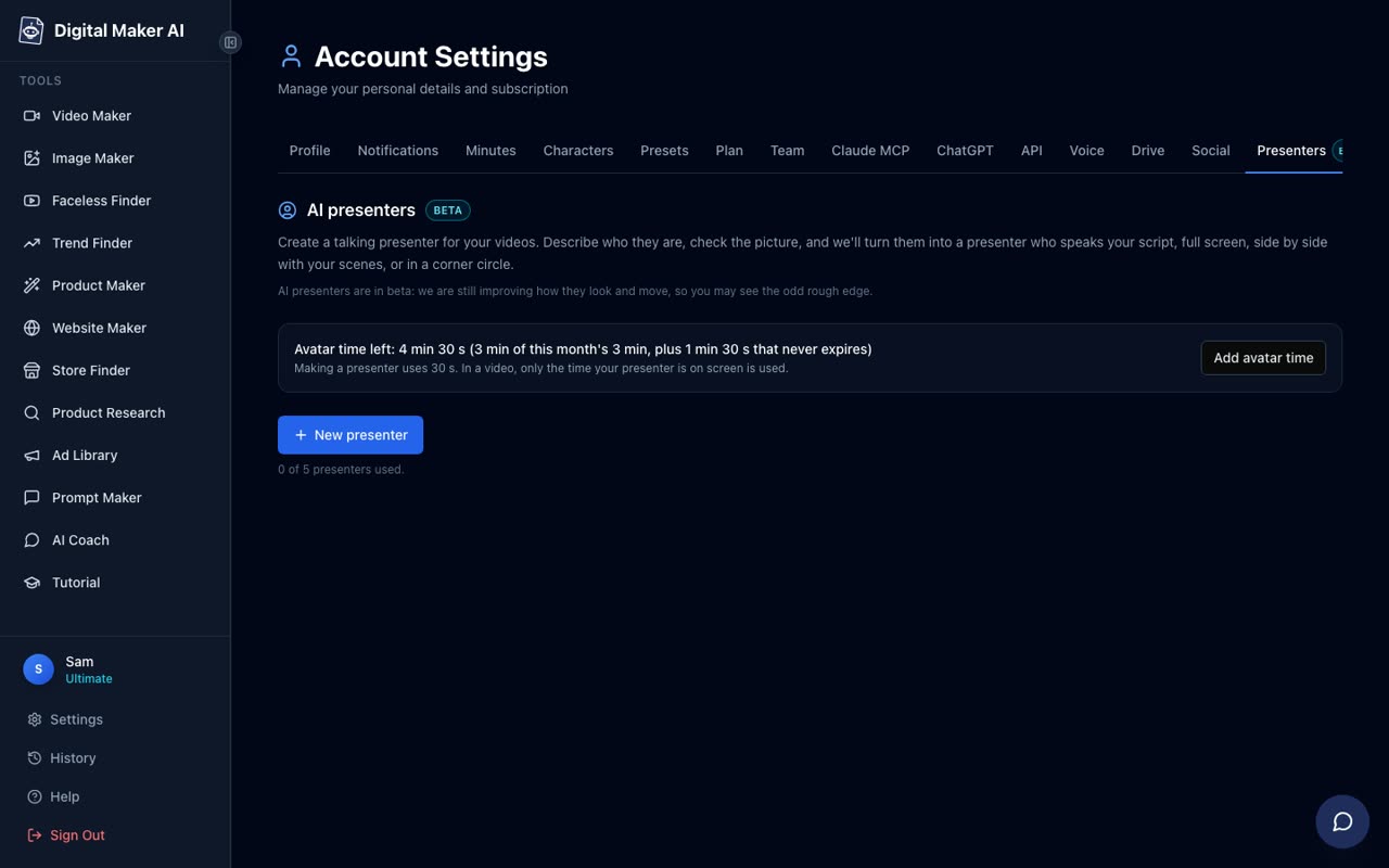 Account Settings Presenters tab in Digital Maker AI showing avatar time remaining and a New Presenter button