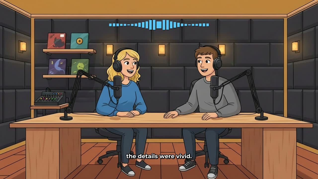 A second frame from the same animated podcast episode showing the second host speaking with sound bars above them