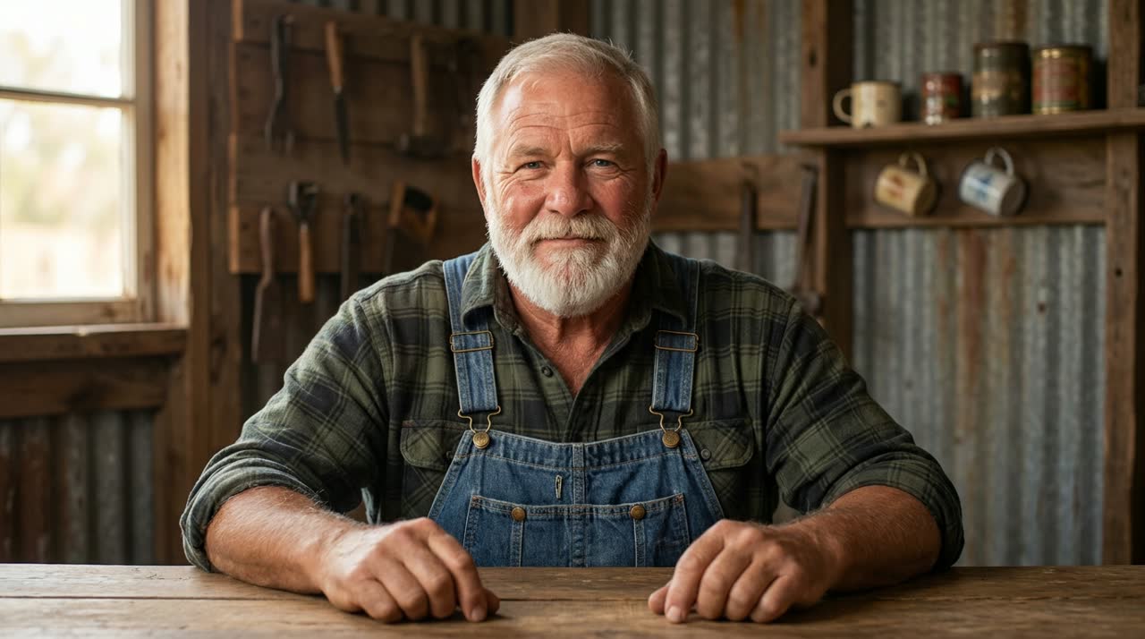 Cedric, an AI presenter made in Digital Maker AI: a bearded man in his sixties in a plaid shirt and denim dungarees, sitting at a wooden table in a barn workshop