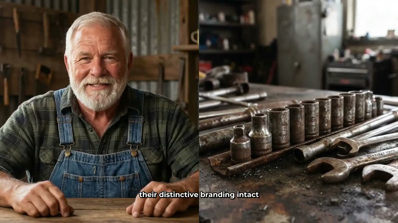 Split screen layout frame from a Digital Maker AI video: the AI presenter Cedric on the left half and a scene image of vintage tools on the right half, with captions along the bottom