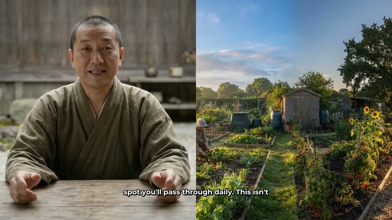 A finished Digital Maker AI video in Split screen layout with The Monk Gardener on the left and a garden scene on the right, captions along the bottom