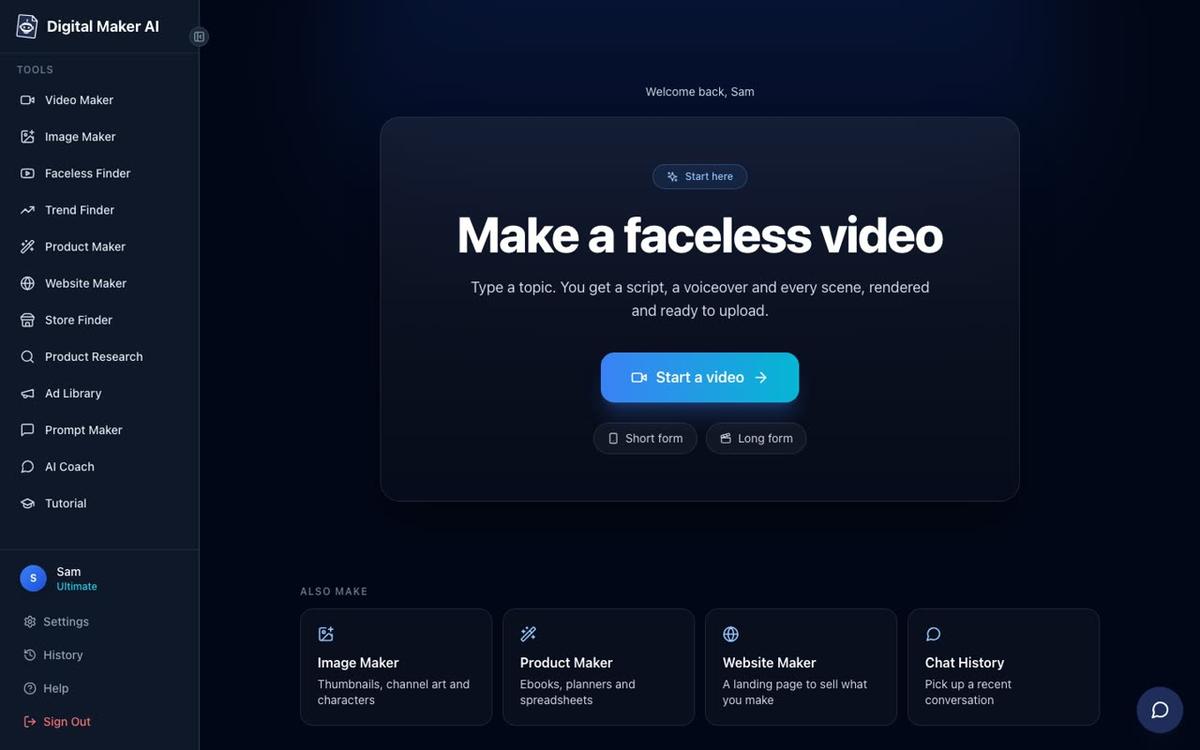 The Digital Maker AI dashboard after signing in, showing a Make a faceless video panel and the tools menu on the left