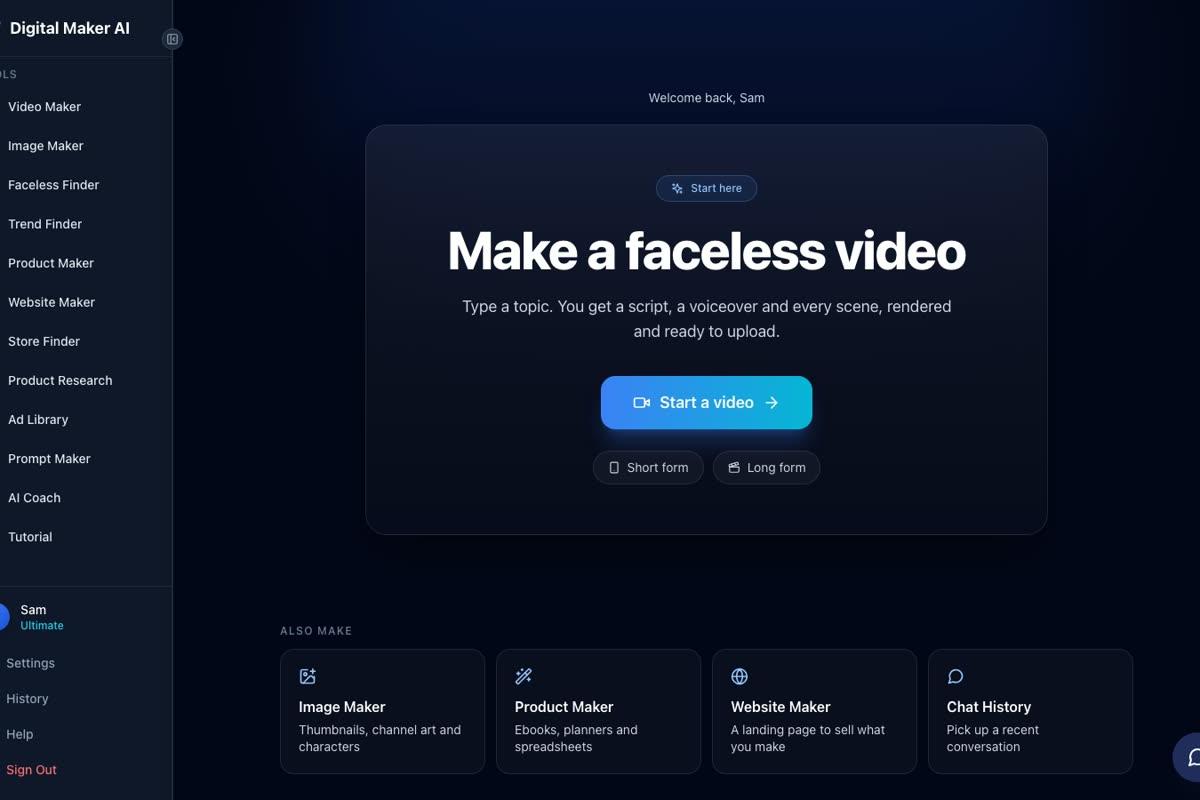 The Digital Maker AI dashboard showing a Make a faceless video panel with Short form and Long form choices and the tools menu on the left