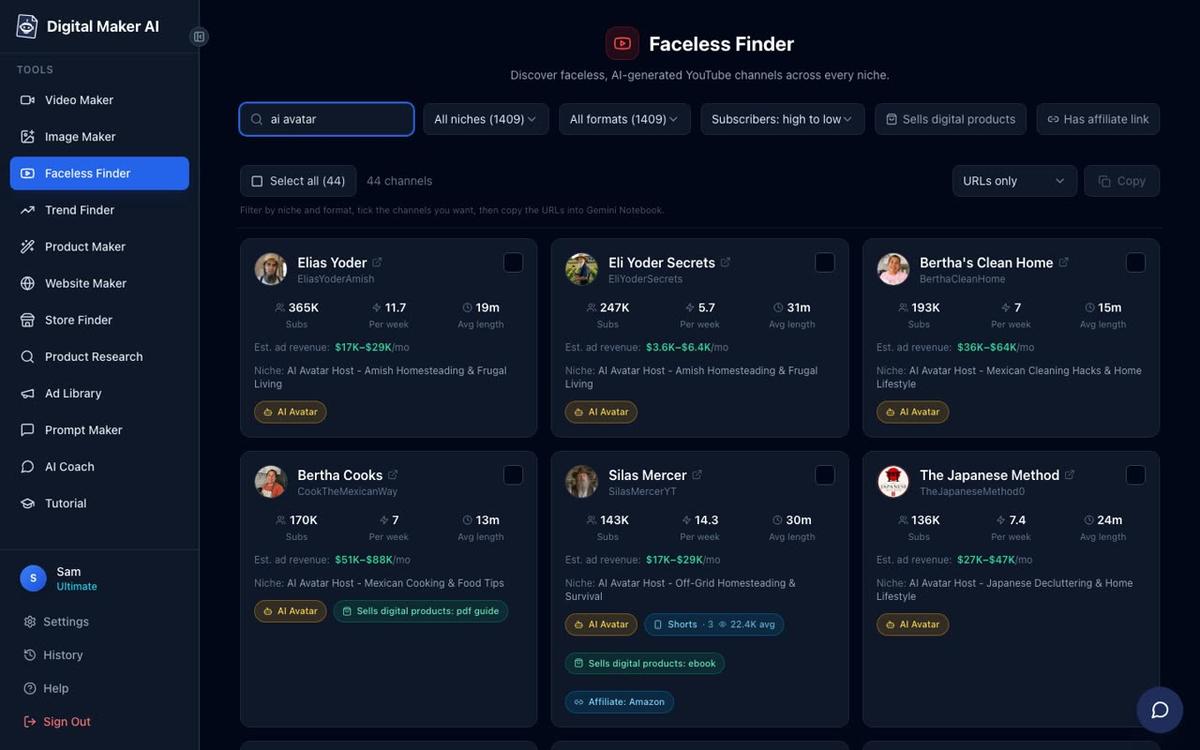 Faceless Finder search results showing AI avatar channels including Silas Mercer with subscriber counts and estimated ad revenue