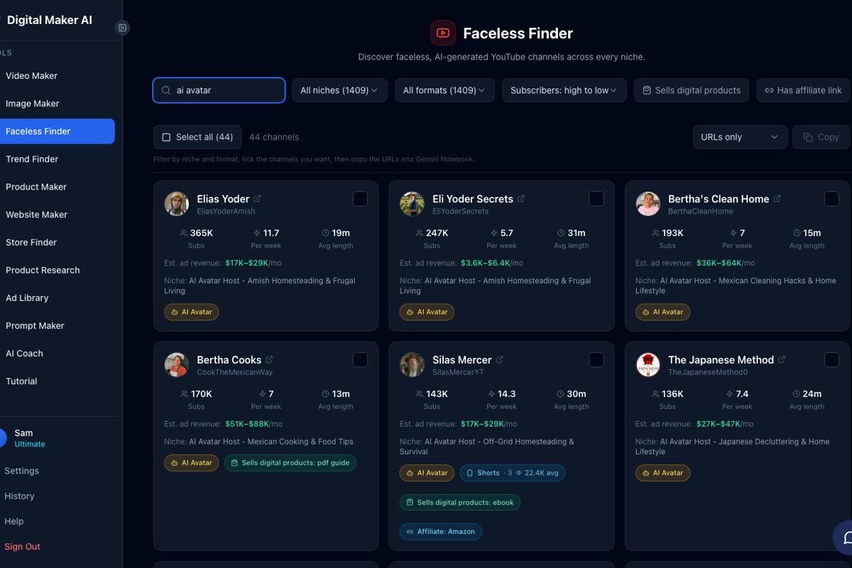 The Faceless Finder in Digital Maker AI showing AI avatar channel cards including Bertha Cooks and Bertha's Clean Home with subscriber counts and estimated ad revenue