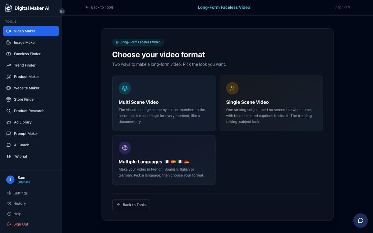 Step 1 of the long form video maker showing format choice cards for Multi Scene Video, Single Scene Video and Multiple Languages