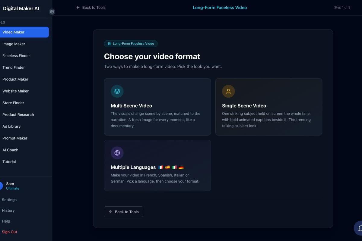 Step 1 of the long form video maker showing format choice cards for Multi Scene Video, Single Scene Video and Multiple Languages