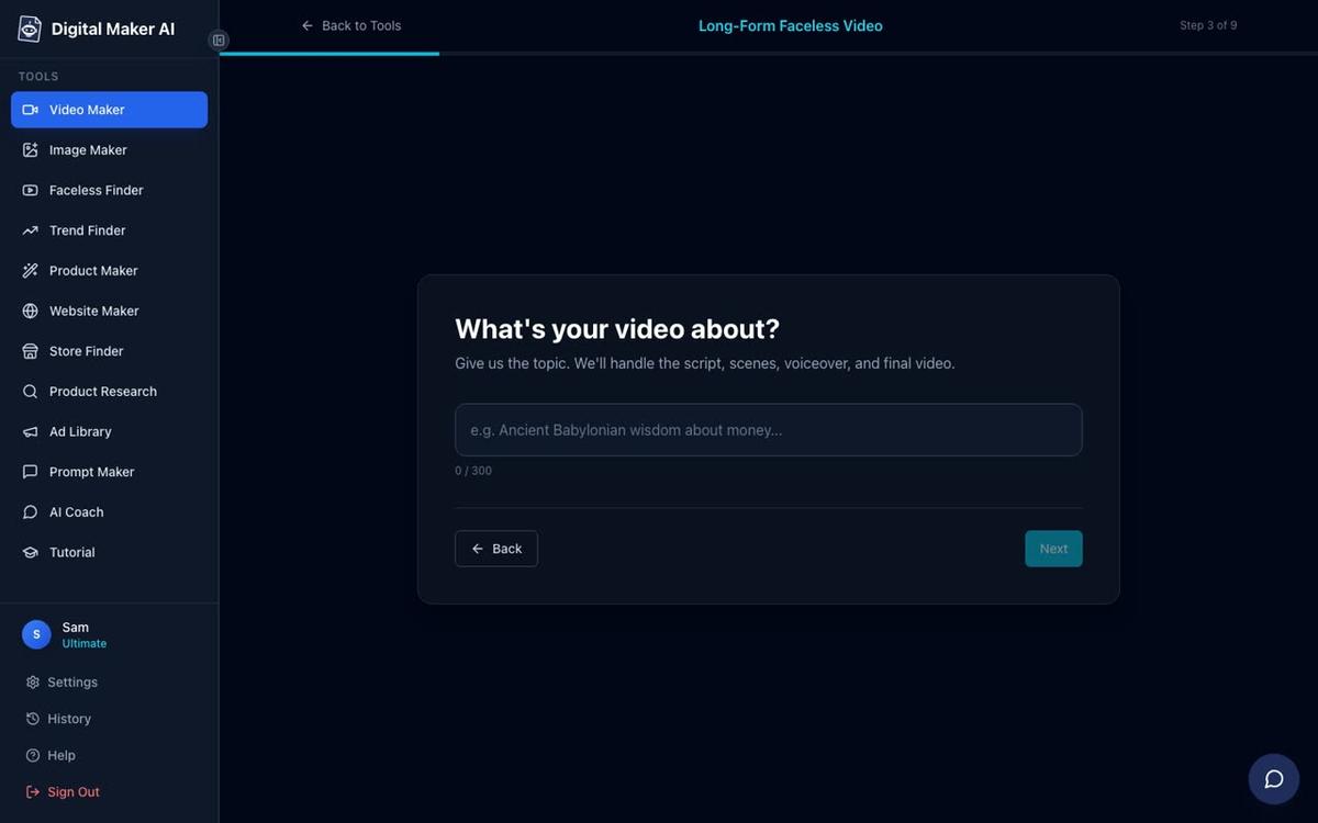 Step 3 of the long-form video maker showing a single topic text box with a 300 character limit