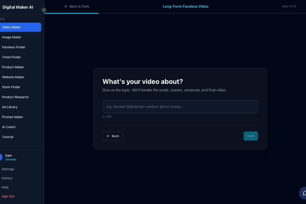 Step 3 of 9 in the Long-Form Video maker showing a single topic text box with a 300 character counter