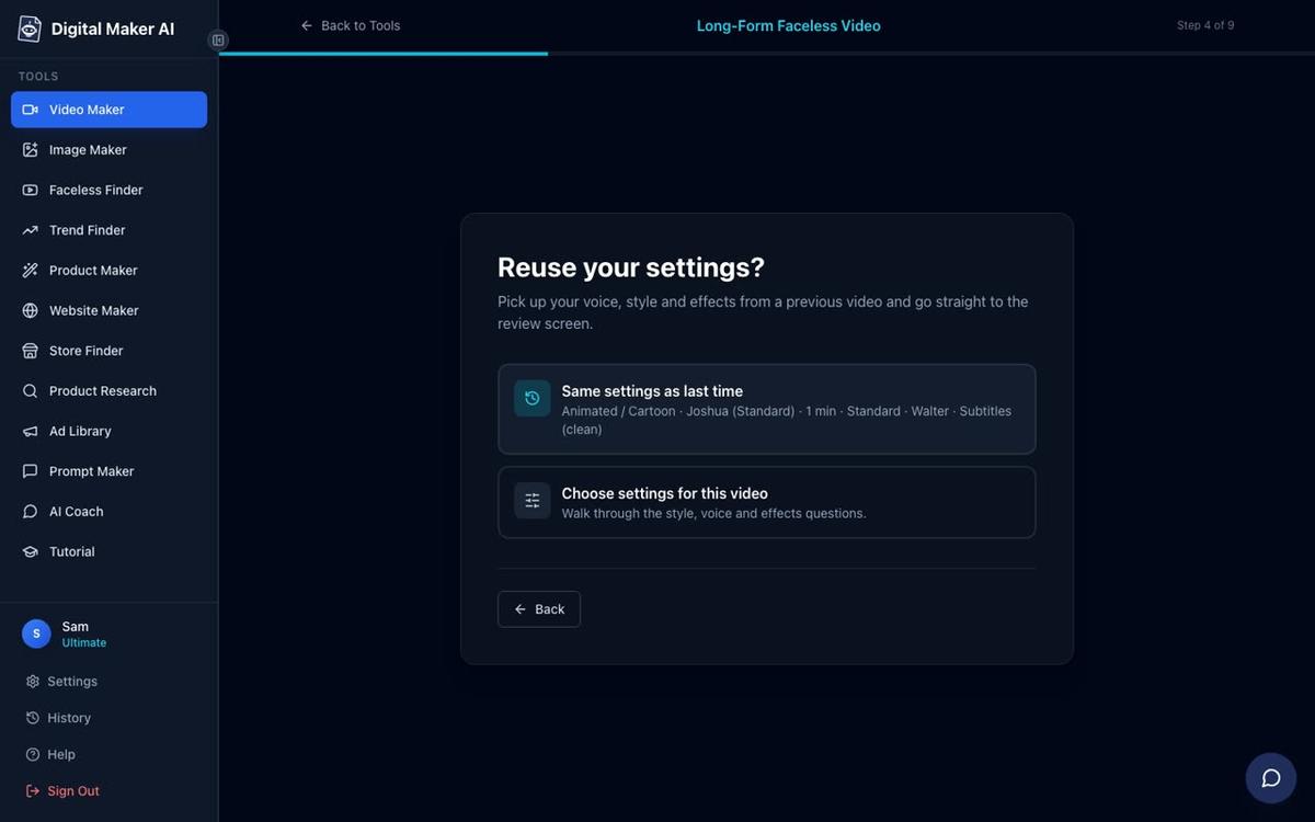 Step 4 of the long form video maker showing a Same settings as last time card and a Choose settings for this video card
