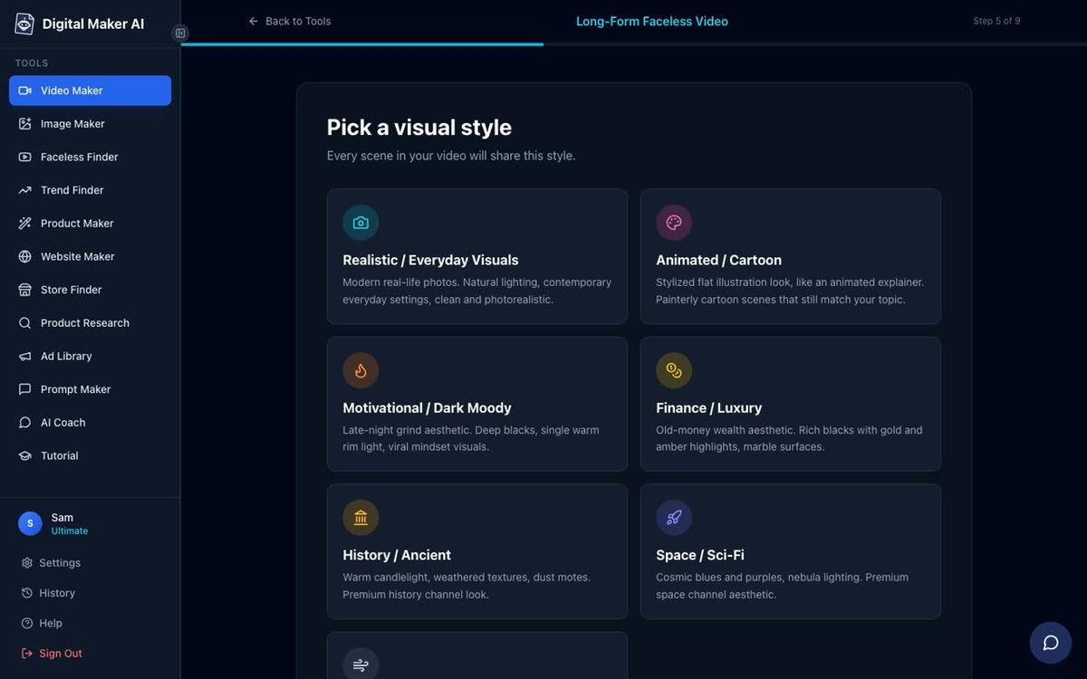 Step 5 of the long form video maker showing visual style cards including Realistic, Animated, Motivational, Finance, History, Space and Minimalist