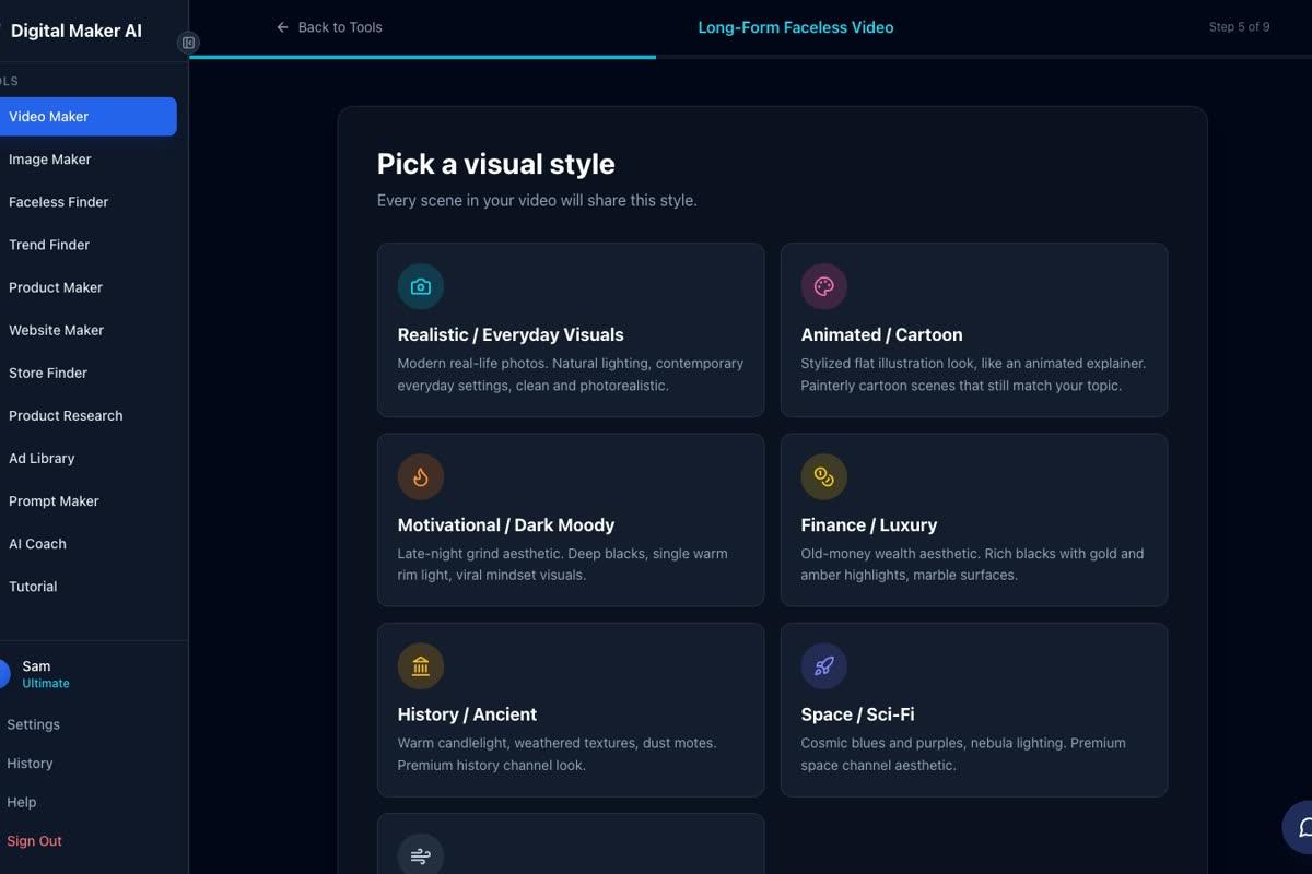 Step 5 of 9 in the Long-Form Video maker showing seven visual style cards including Realistic, Animated, Motivational, Finance, History, Space and Minimalist
