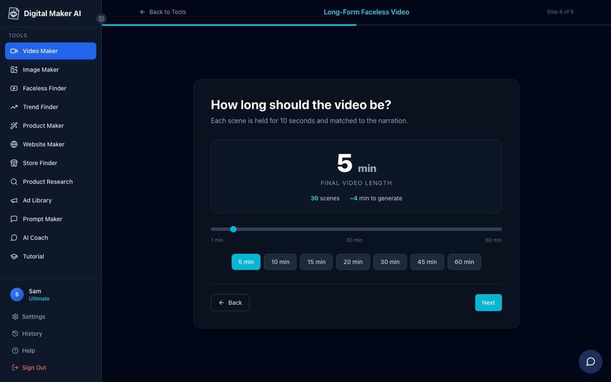 Step 6 of the Long-Form Faceless Video maker: a length slider with quick picks for 5, 10, 15, 20, 30, 45 and 60 minutes