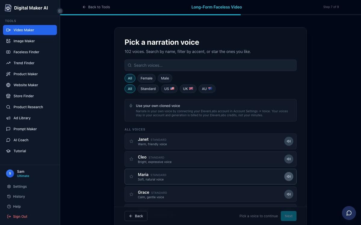 Step 7 of the Long-Form Faceless Video maker: 102 narration voices with Female, Male, US, UK and AU filters and a cloned voice option