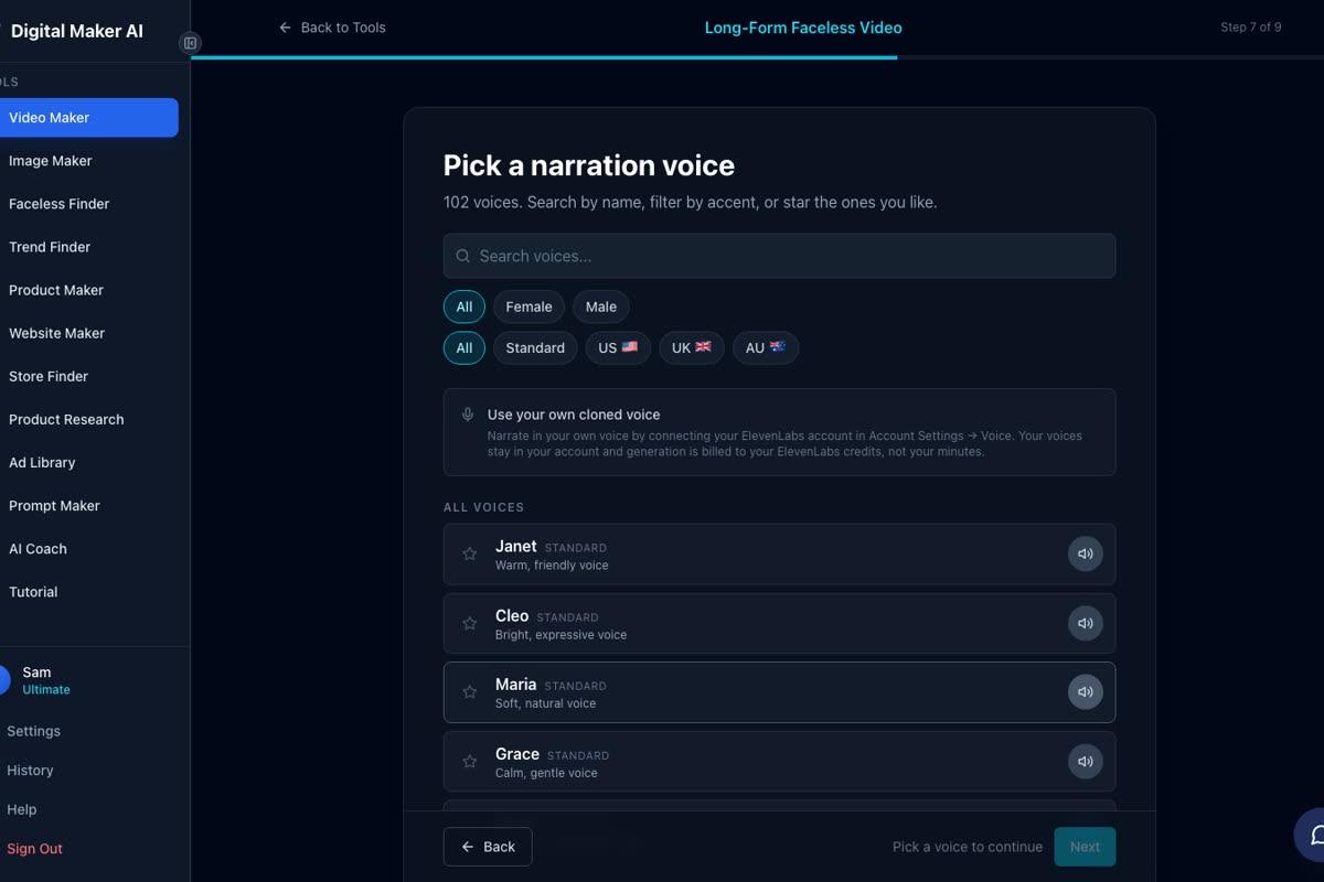 Voice selection step in the Digital Maker AI long form video maker showing 102 voices with gender and accent filters
