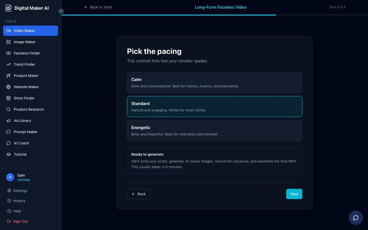Step 8 of 9 in the Long-Form Faceless Video maker showing Calm, Standard and Energetic pacing cards and a Ready to generate note