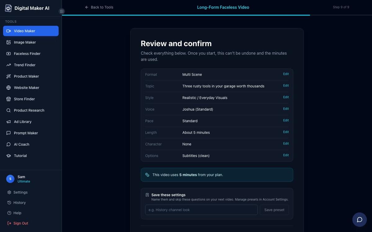 Step 9 of the Long-Form Faceless Video maker: a review screen listing all settings and a Generate Video button