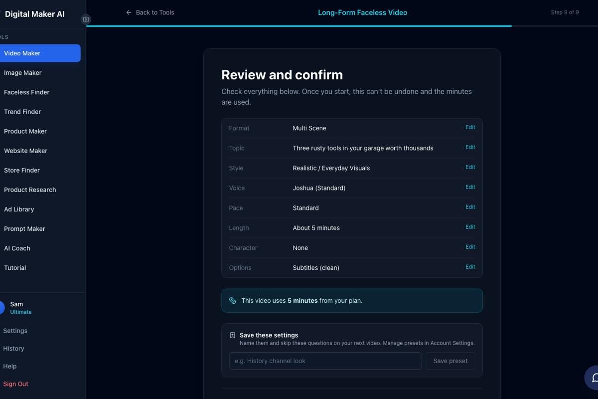 Step 9 of the long form video maker showing a review summary with format, topic, style, voice, pace and length, the minutes the video will use, and a Generate Video button