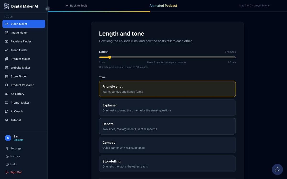 Step 3 of the Animated Podcast maker showing a length slider and tone cards for Friendly chat, Explainer, Debate, Comedy and Storytelling