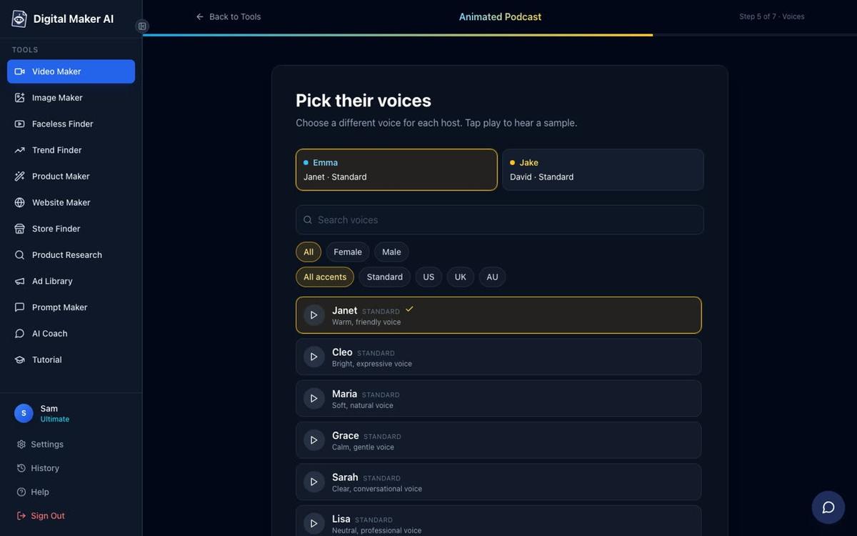 Step 5 of the Animated Podcast maker showing the two hosts at the top and a list of voice cards with Female, Male and accent filters