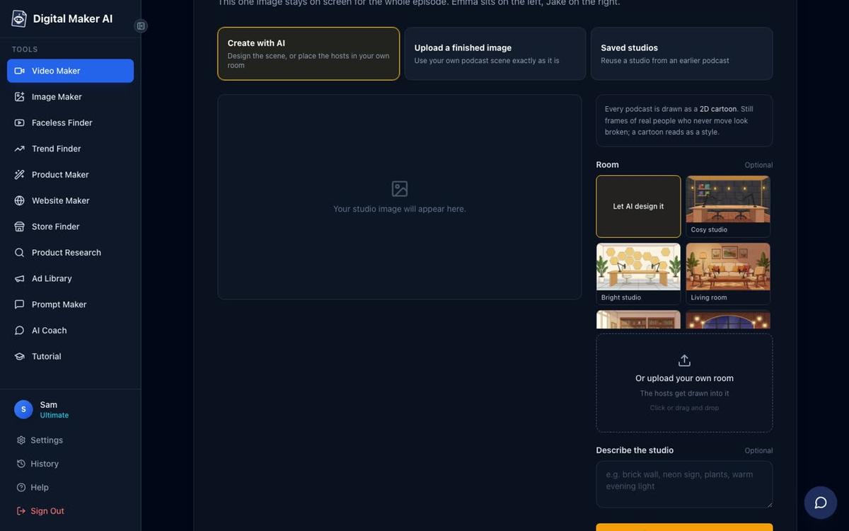Step 6 of the Animated Podcast maker showing studio options including Cosy studio, Bright studio, Living room and others, plus a box to describe your own room