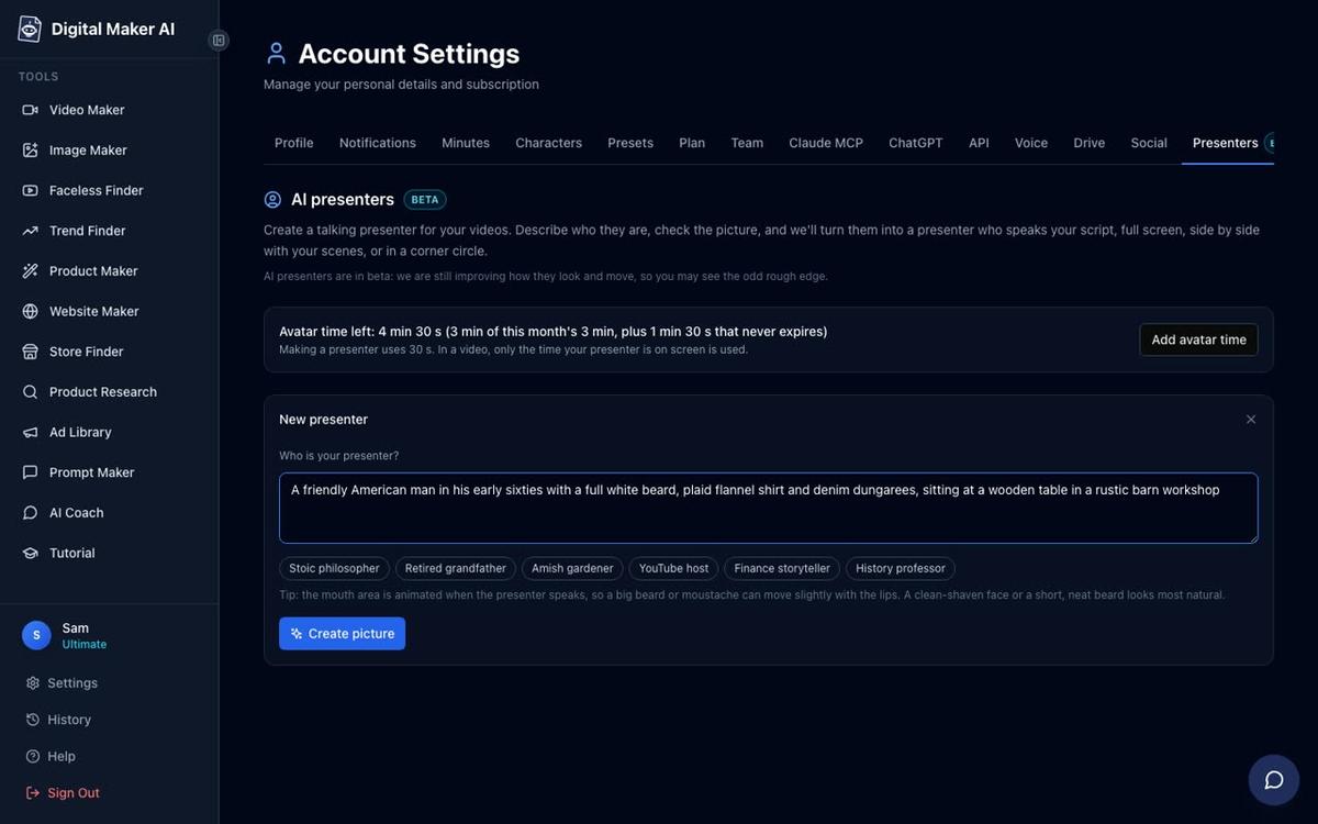 The New presenter form in Account Settings showing a description text box, quick pick options like Retired grandfather and Amish gardener, and a Create picture button