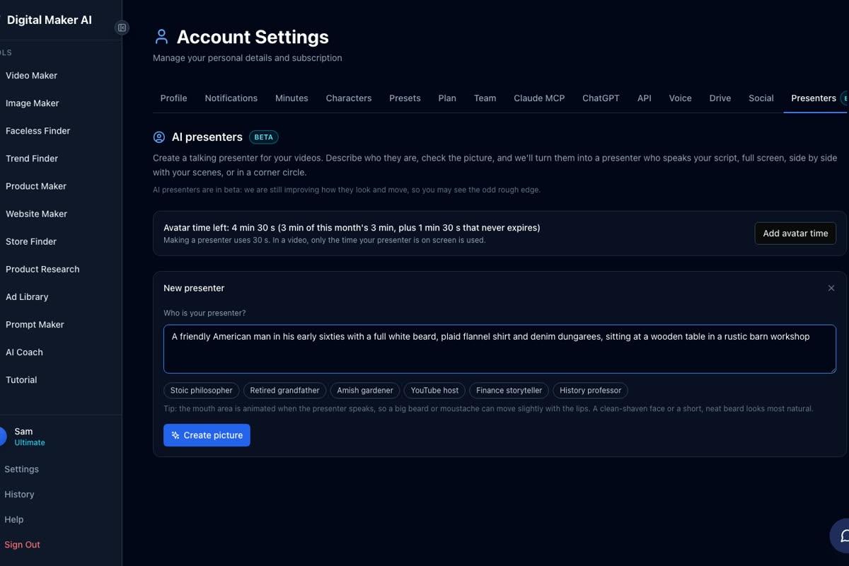 The New presenter form in Account Settings with a description text box, quick-pick options like Retired grandfather and Amish gardener, and a Create picture button