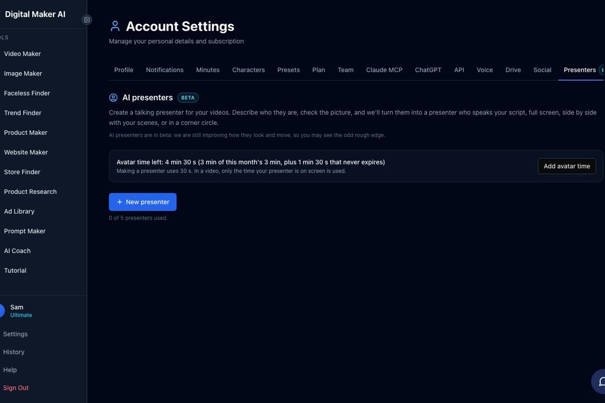 Account Settings in Digital Maker AI on the Presenters tab, showing avatar time remaining, an Add avatar time button and a New presenter button