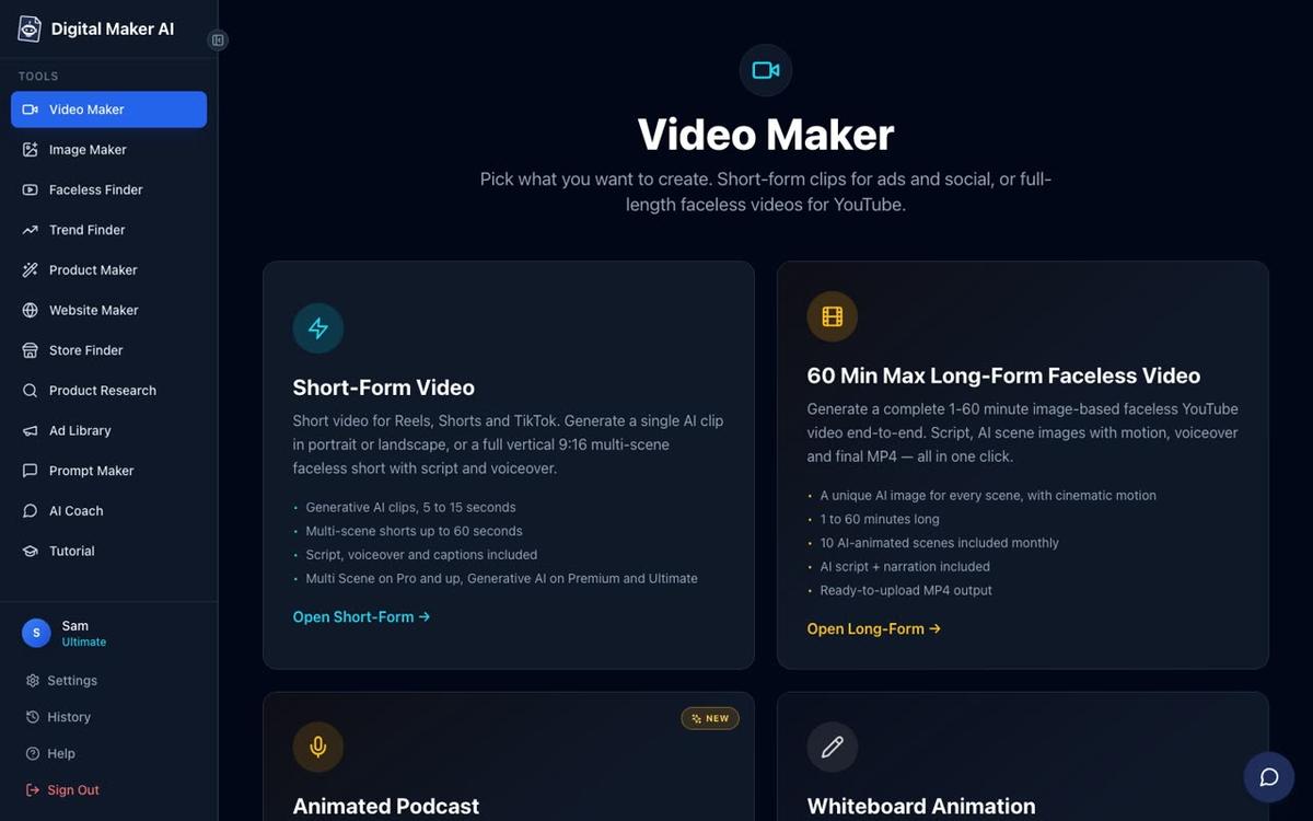 The Digital Maker AI Video Maker page showing choice cards for Short-Form Video and Long-Form Faceless Video