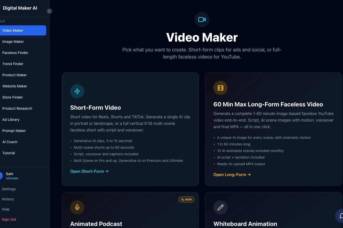 The Digital Maker AI Video Maker page showing choice cards for Short-Form Video and Long-Form Faceless Video