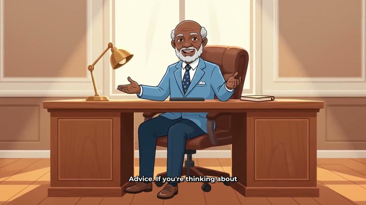 A frame from a finished Digital Maker AI cartoon-style long-form video showing a recurring elderly financial educator character at his desk with captions