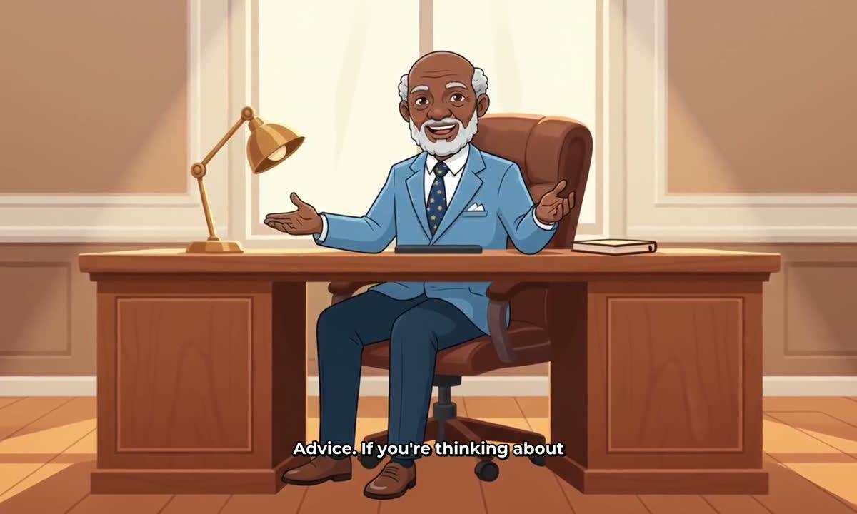 A recurring character in the Animated or Cartoon style, an elderly financial educator in a blue suit at his desk, with captions