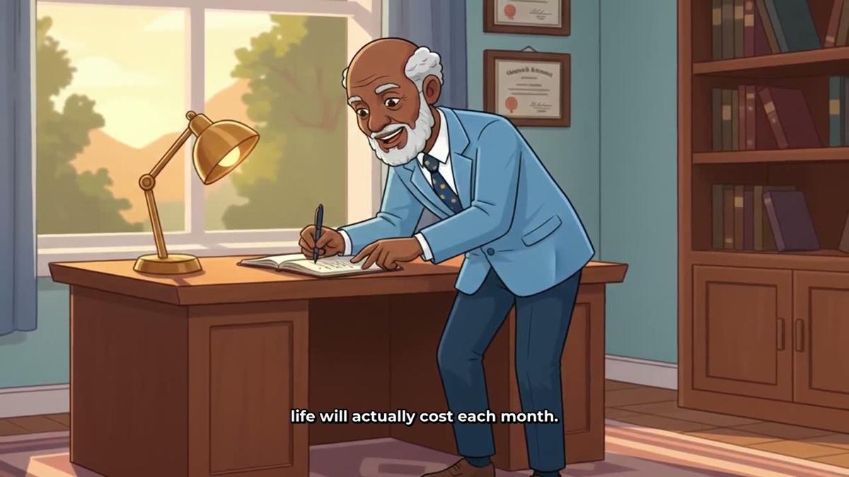 The same recurring cartoon character standing in a different office scene later in the same video, showing consistent appearance across scenes