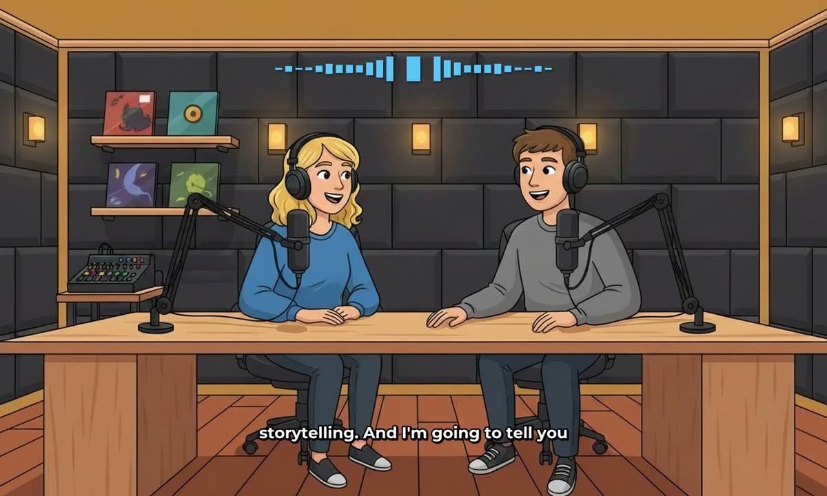Two cartoon hosts with headphones at microphones in an animated studio, blue sound bars above the speaking host, captions along the bottom