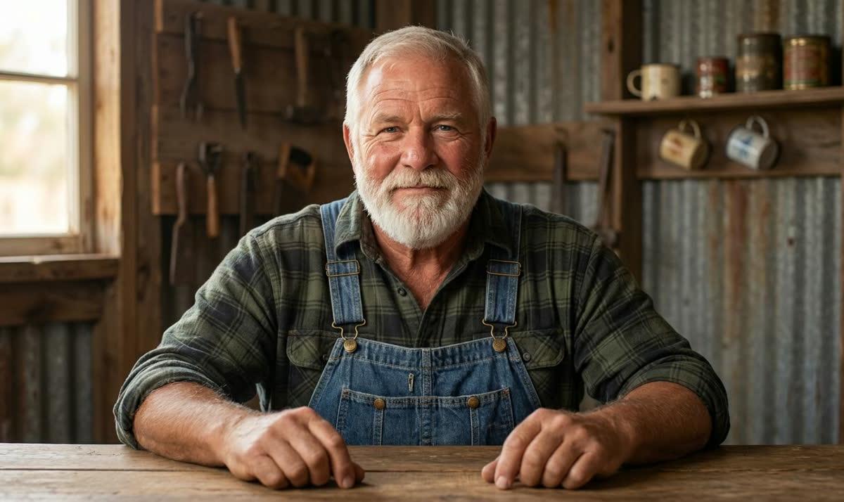 Cedric, an AI presenter made in Digital Maker AI: a bearded man in his sixties in a plaid shirt and denim dungarees at a barn workbench