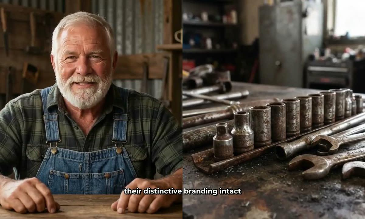 Split screen layout: AI presenter Cedric on the left half and a scene image of vintage tools on the right half, captions along the bottom