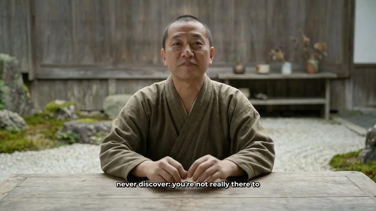 Full screen layout showing an AI presenter speaking to camera in a temple garden with captions along the bottom