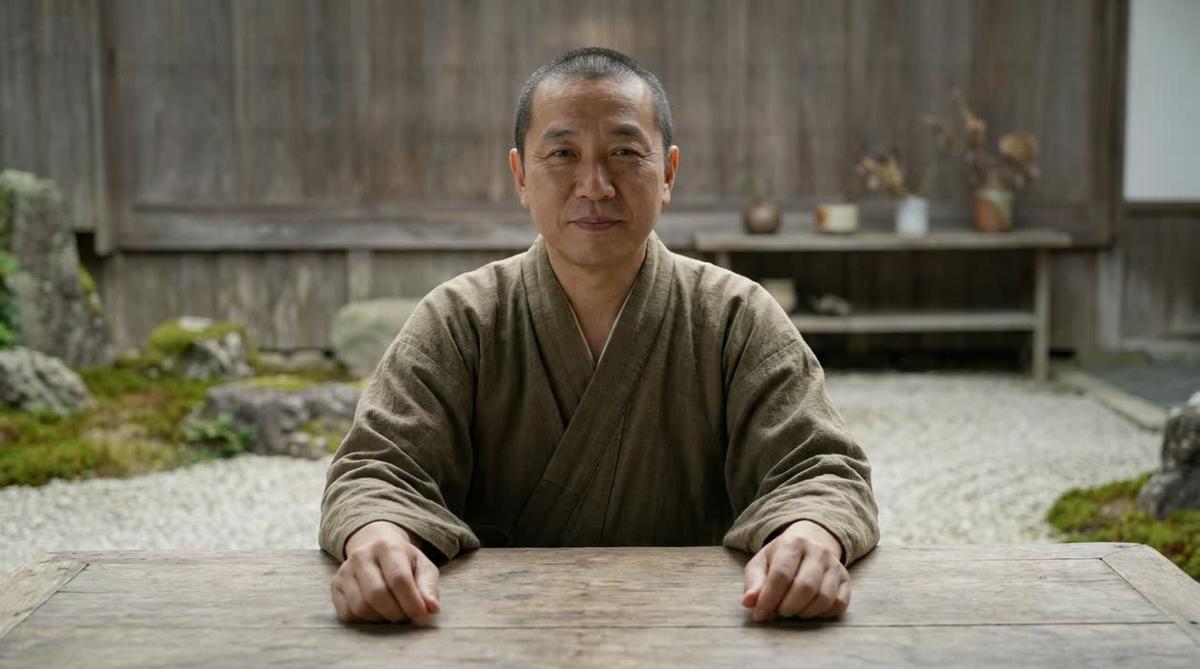 The Monk Gardener, an AI presenter made in Digital Maker AI: a calm monk in plain robes in a raked gravel temple garden