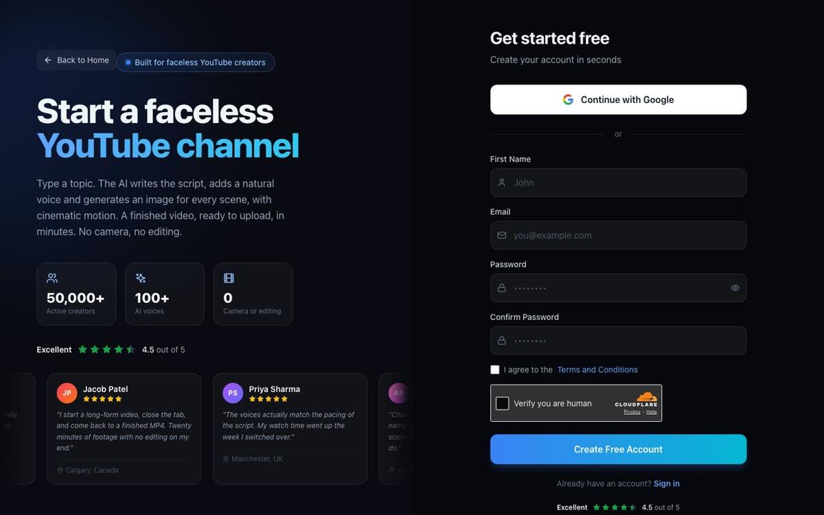 The Digital Maker AI sign up page at digitalmaker.ai/faceless showing a Get started free form with Google sign in and email fields