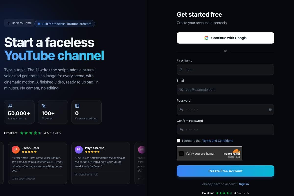 The Digital Maker AI sign up page with a Get started free form, Continue with Google option, and the headline Start a faceless YouTube channel