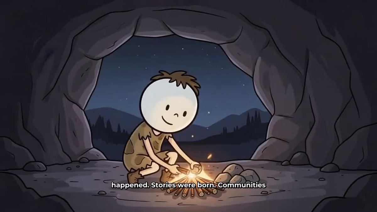 A cartoon style video frame showing a caveman lighting a fire at the mouth of a cave at night with captions