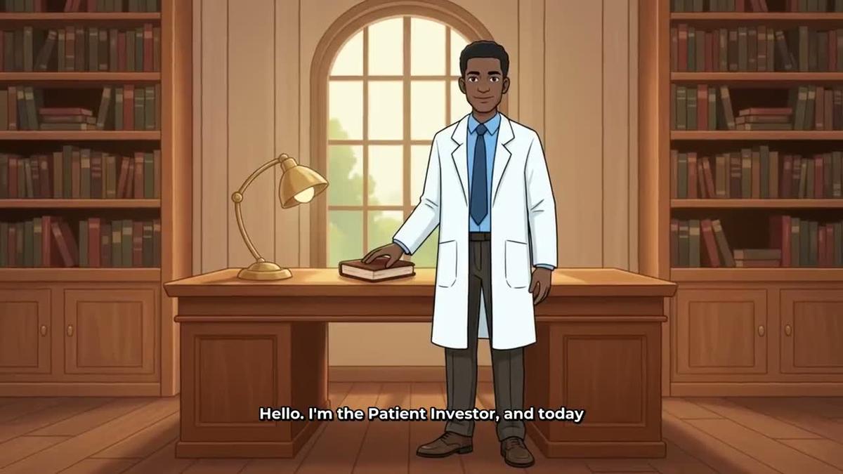 Illustrated cartoon character in a white coat standing in a library, introducing himself as the Patient Investor