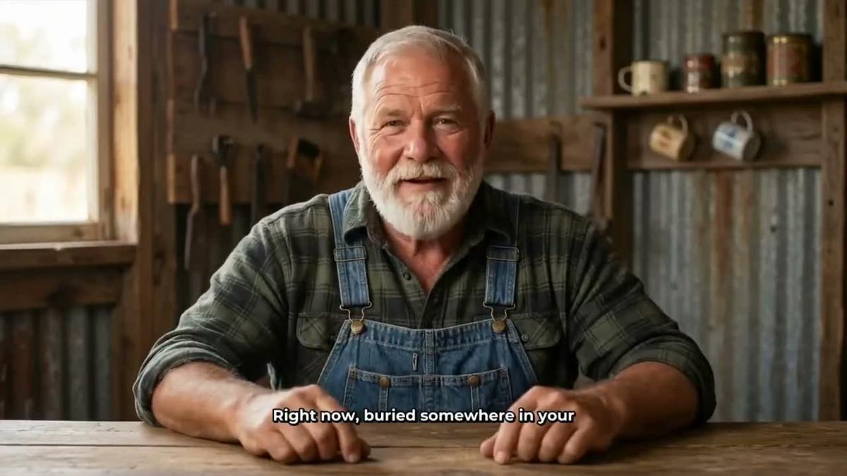 An AI presenter in overalls talking to camera at a workshop table in a finished faceless video