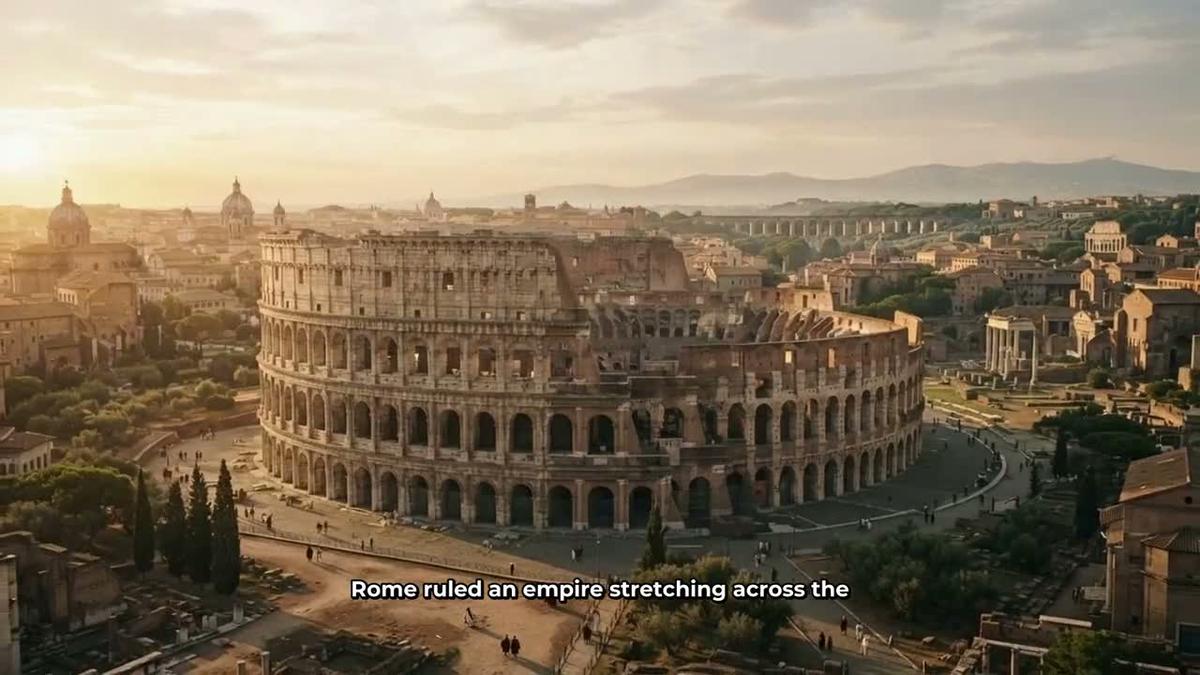 A realistic faceless history video showing the Colosseum and ancient Rome at sunset with captions